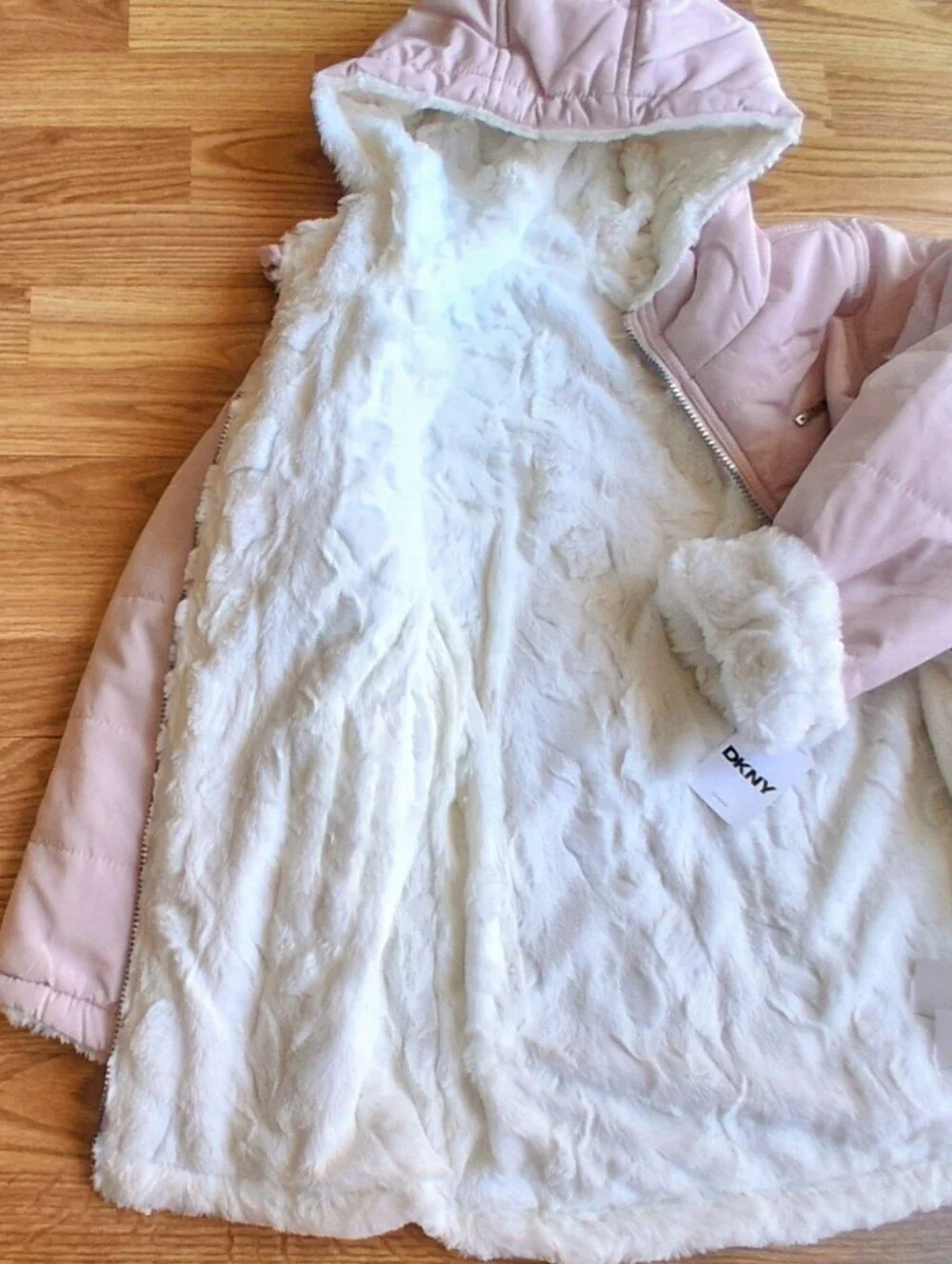 NWT DKNY girls REVERSIBLE COAT, Pale Pink/white Fuzzy Faux Fur, Sz 6X  MSRP $130